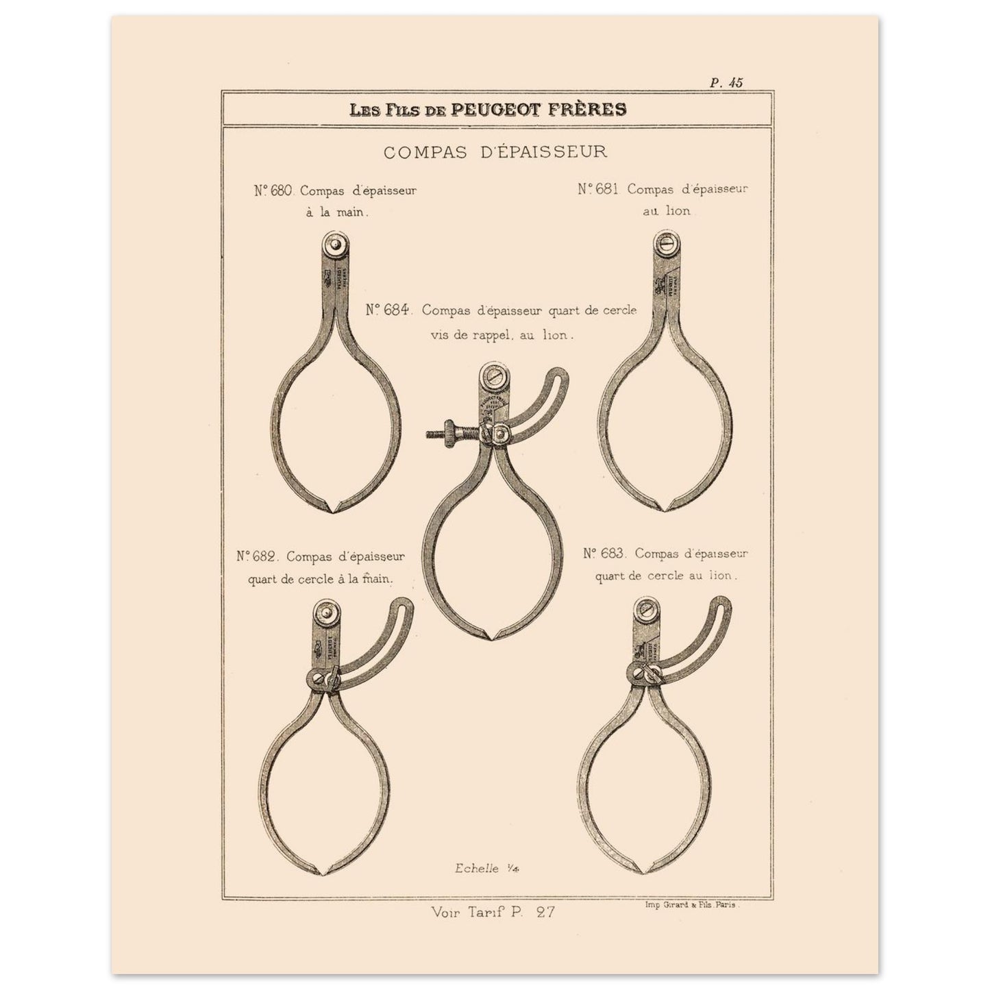 Planche de compas d'épaisseur — Gravure du catalogue Peugeot Frères (1885) (40x50 cm). Gravure du catalogue Peugeot Frères illustrant cinq types de compas d'épaisseur, avec leurs numéros et descriptions.
