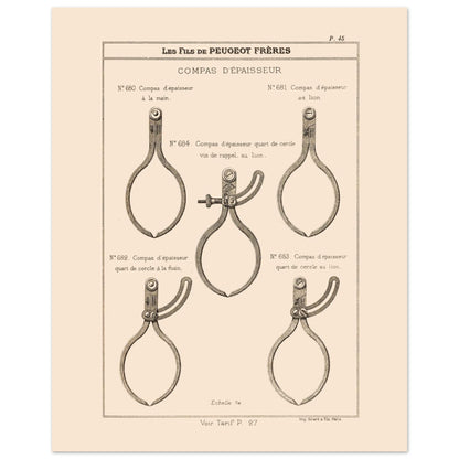 Planche de compas d'épaisseur — Gravure du catalogue Peugeot Frères (1885) (40x50 cm). Gravure du catalogue Peugeot Frères illustrant cinq types de compas d'épaisseur, avec leurs numéros et descriptions.