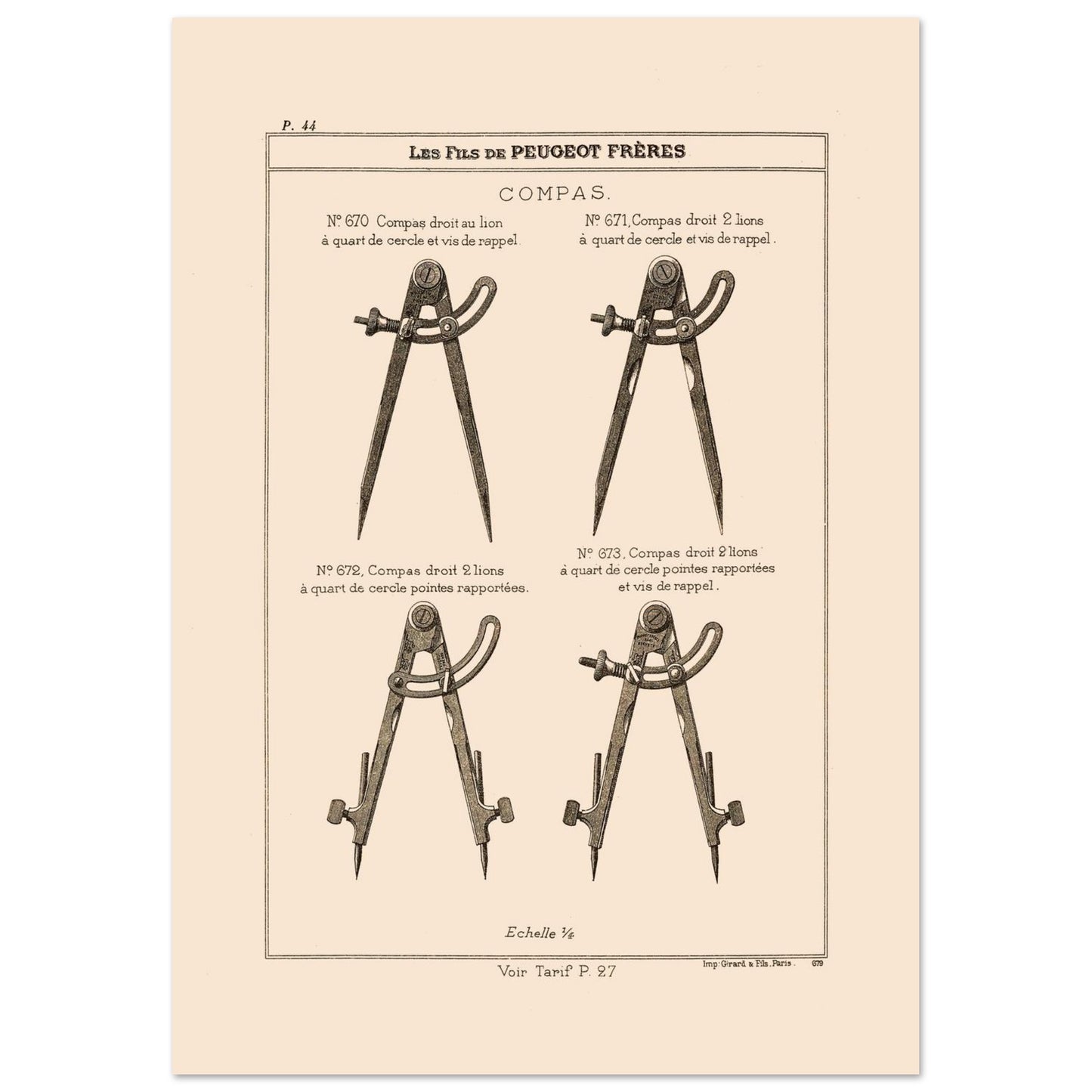 Planche technique de compas de précision - Catalogue Peugeot Frères 1885 (21x29,7 cm (A4)). Planche d'illustrations du catalogue Peugeot Frères présentant différents compas, numérotés et légendés, avec une échelle.