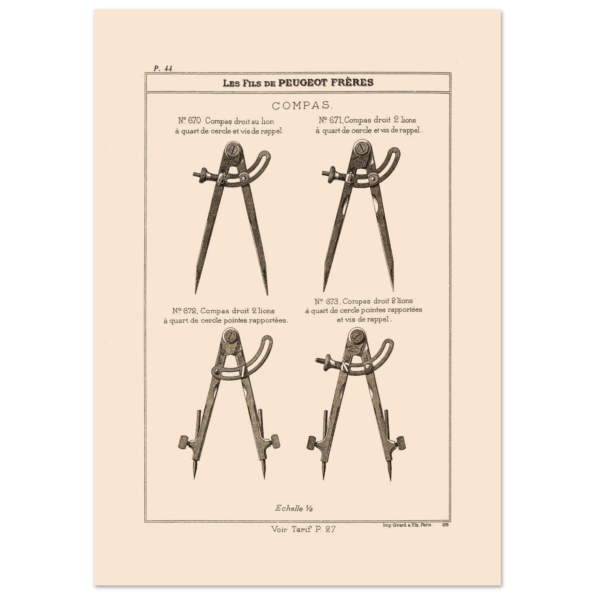 Planche technique de compas de précision - Catalogue Peugeot Frères 1885 (21x29,7 cm (A4)). Planche d'illustrations du catalogue Peugeot Frères présentant différents compas, numérotés et légendés, avec une échelle.
