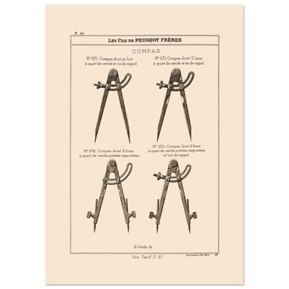 Planche technique de compas de précision - Catalogue Peugeot Frères 1885 (21x29,7 cm (A4)). Planche d'illustrations du catalogue Peugeot Frères présentant différents compas, numérotés et légendés, avec une échelle.