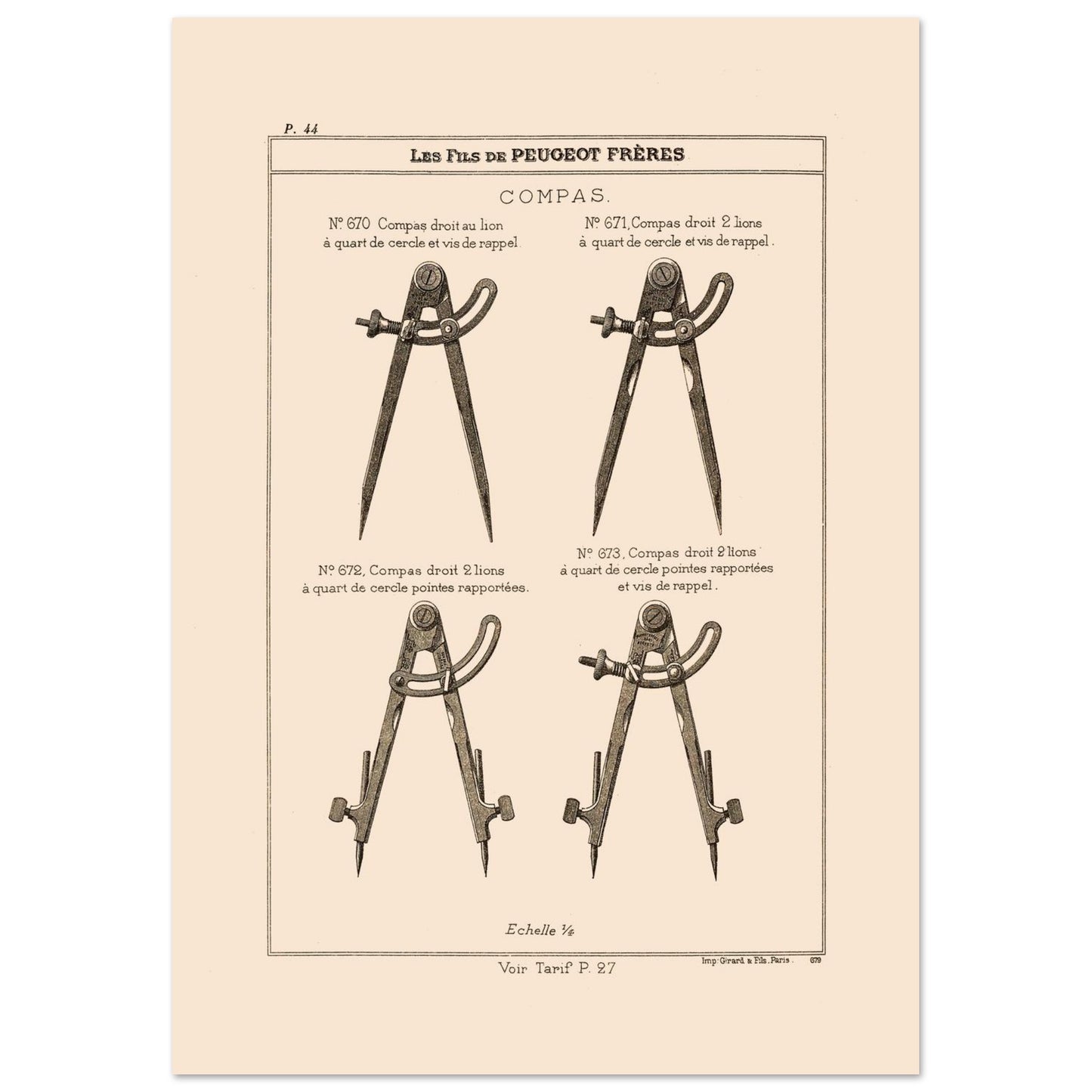 Planche technique de compas de précision - Catalogue Peugeot Frères 1885 (29,7x42 cm (A3)). Planche d'illustrations du catalogue Peugeot Frères présentant différents compas, numérotés et légendés, avec une échelle.
