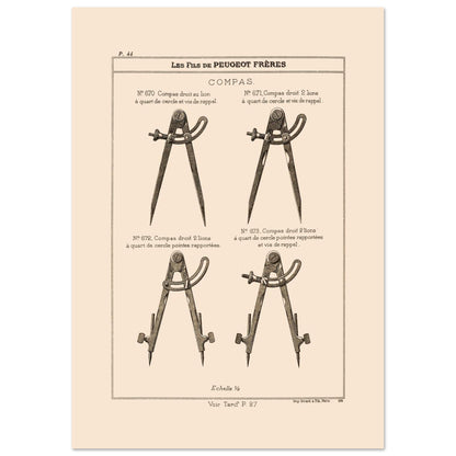 Planche technique de compas de précision - Catalogue Peugeot Frères 1885 (29,7x42 cm (A3)). Planche d'illustrations du catalogue Peugeot Frères présentant différents compas, numérotés et légendés, avec une échelle.