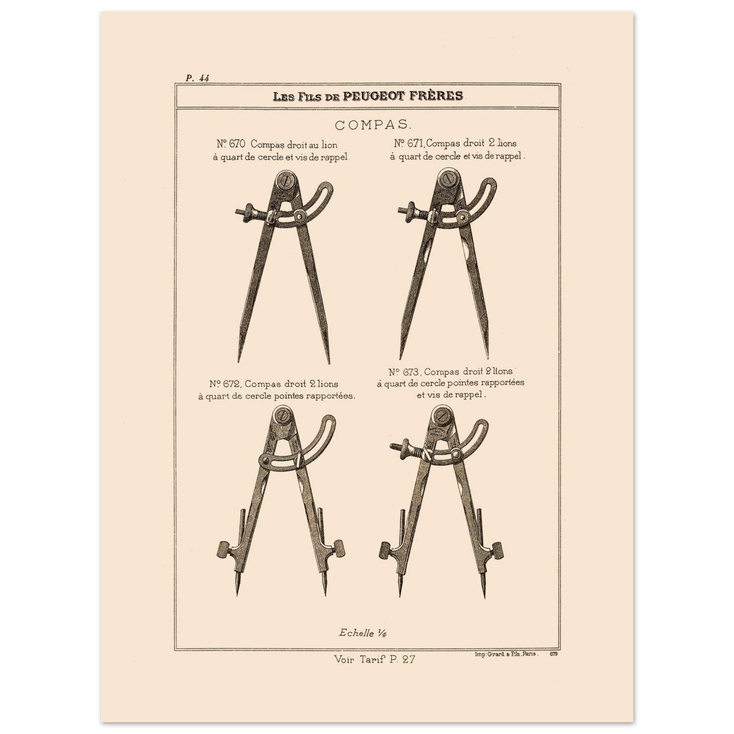 Planche technique de compas de précision - Catalogue Peugeot Frères 1885 (30x40 cm). Planche d'illustrations du catalogue Peugeot Frères présentant différents compas, numérotés et légendés, avec une échelle.
