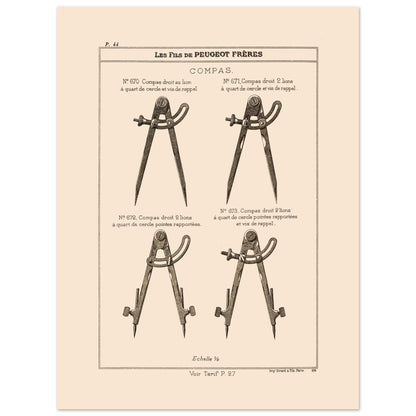 Planche technique de compas de précision - Catalogue Peugeot Frères 1885 (30x40 cm). Planche d'illustrations du catalogue Peugeot Frères présentant différents compas, numérotés et légendés, avec une échelle.