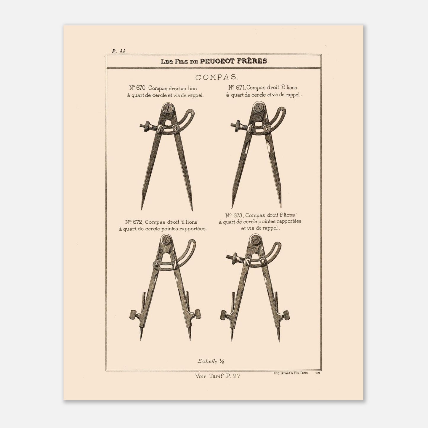 Planche technique de compas de précision - Catalogue Peugeot Frères 1885. Planche d'illustrations du catalogue Peugeot Frères présentant différents compas, numérotés et légendés, avec une échelle. Image d'illustration 4