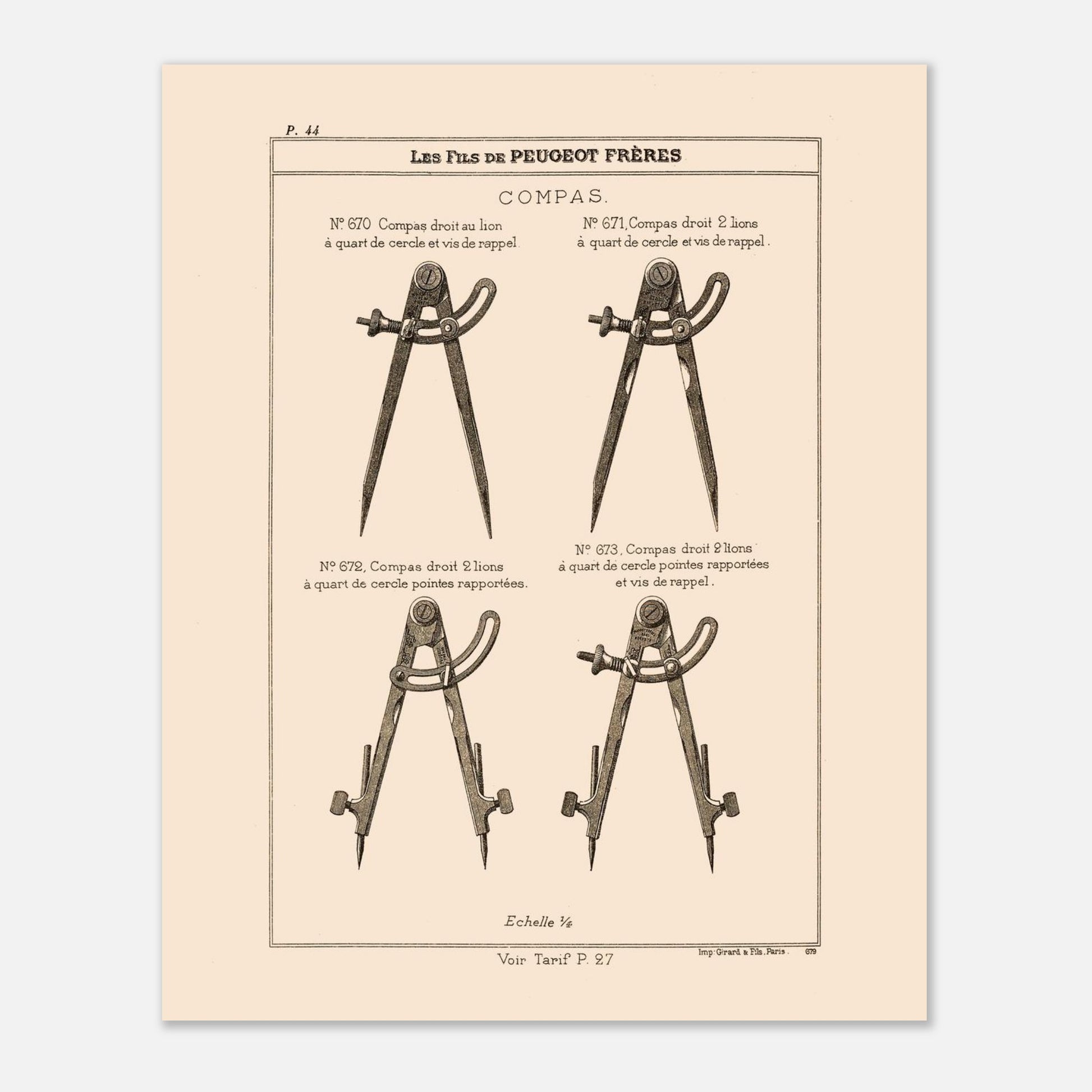 Planche technique de compas de précision - Catalogue Peugeot Frères 1885. Planche d'illustrations du catalogue Peugeot Frères présentant différents compas, numérotés et légendés, avec une échelle. Image d'illustration 4