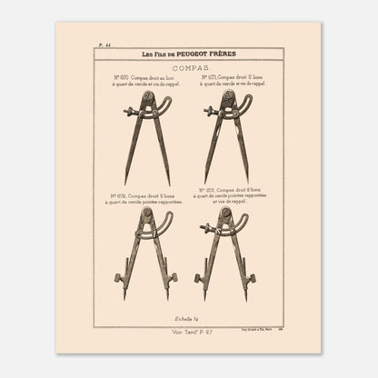 Planche technique de compas de précision - Catalogue Peugeot Frères 1885. Planche d'illustrations du catalogue Peugeot Frères présentant différents compas, numérotés et légendés, avec une échelle. Image d'illustration 4