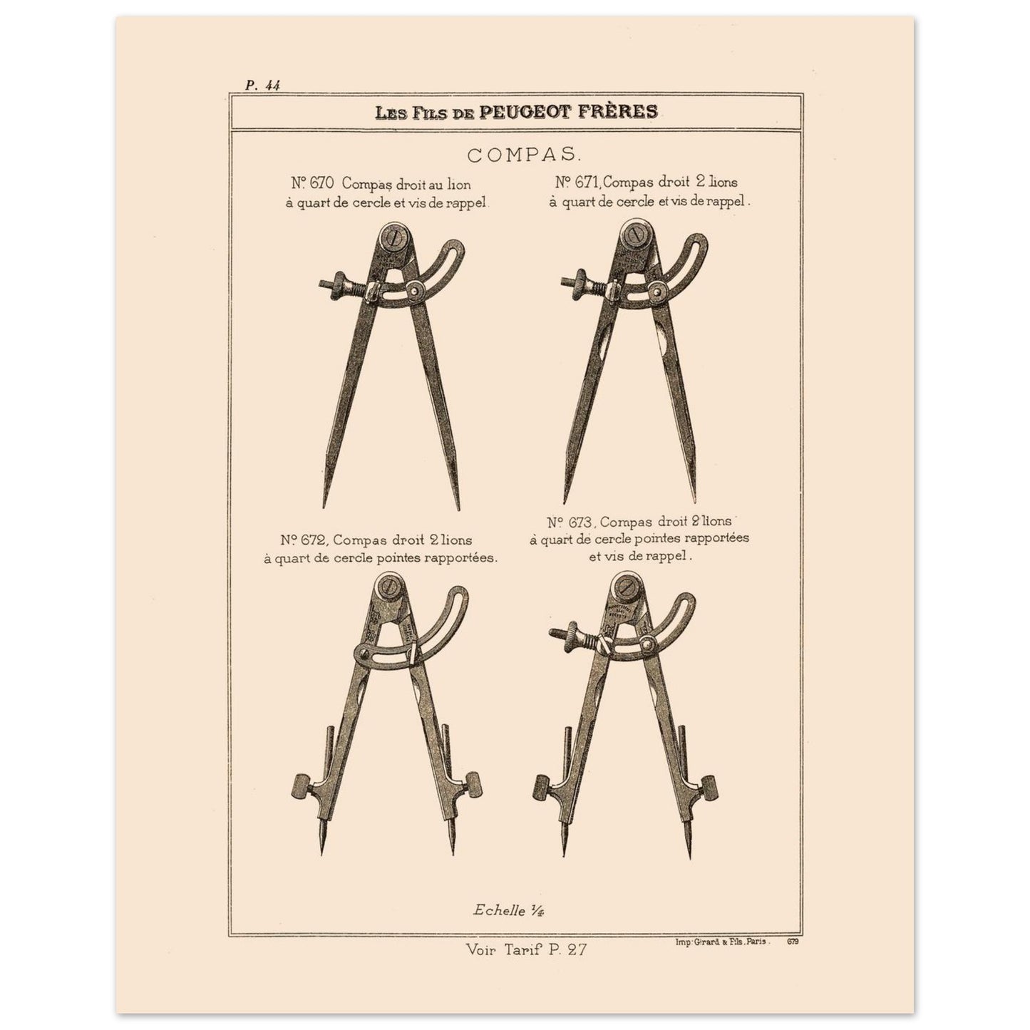 Planche technique de compas de précision - Catalogue Peugeot Frères 1885 (40x50 cm). Planche d'illustrations du catalogue Peugeot Frères présentant différents compas, numérotés et légendés, avec une échelle.