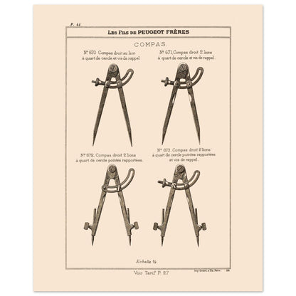 Planche technique de compas de précision - Catalogue Peugeot Frères 1885 (40x50 cm). Planche d'illustrations du catalogue Peugeot Frères présentant différents compas, numérotés et légendés, avec une échelle.