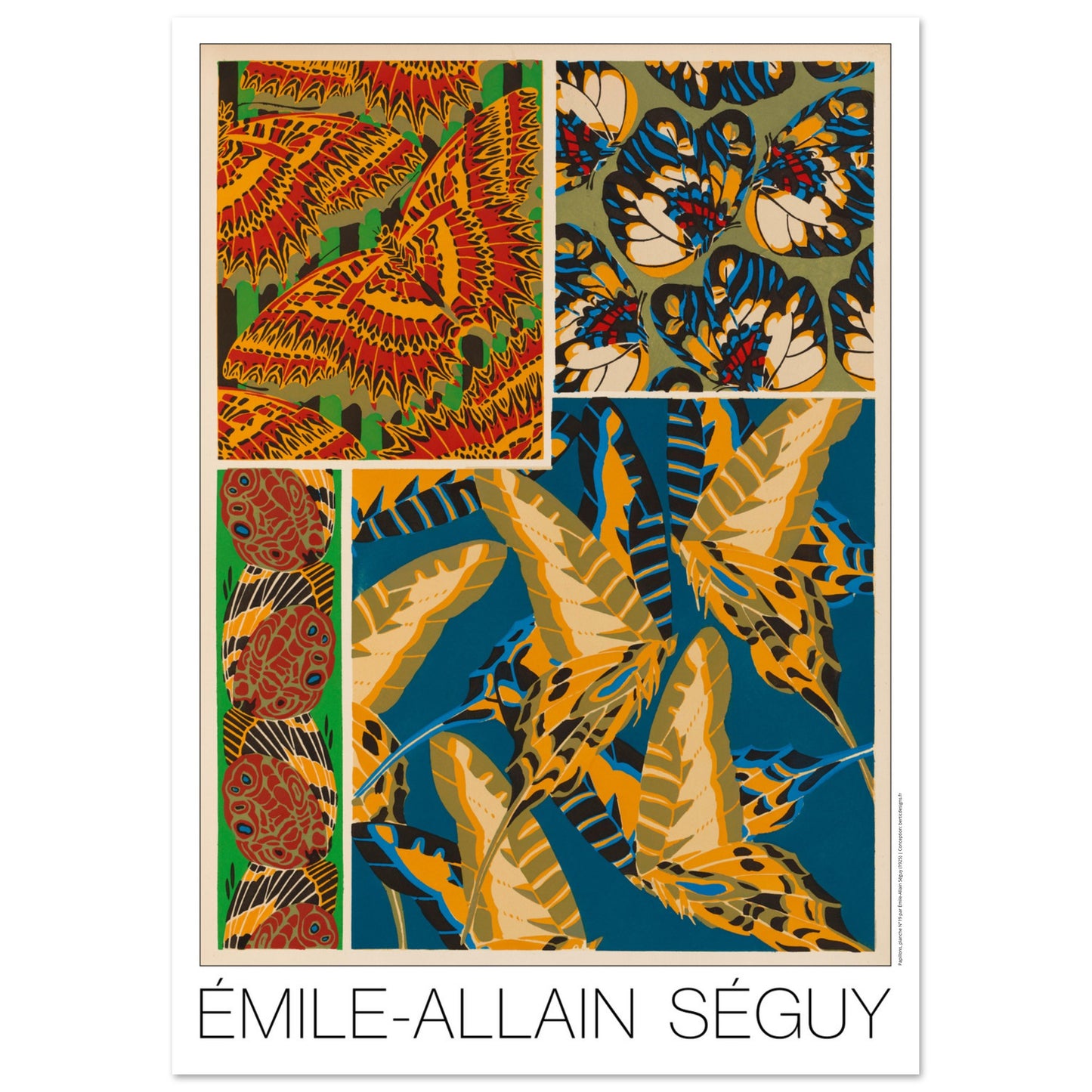 Composition décorative N°3 : Papillons par Émile-Allain Séguy (29,7x42 cm (A3)). Affiche d'Émile-Allain Séguy présentant des motifs de papillons et des ornements, dans des tons vifs de rouge, jaune, bleu et vert.