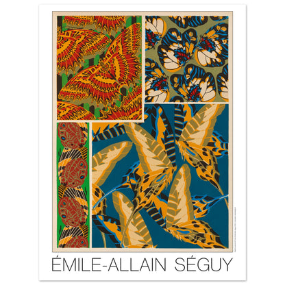 Composition décorative N°3 : Papillons par Émile-Allain Séguy (30x40 cm). Affiche d'Émile-Allain Séguy présentant des motifs de papillons et des ornements, dans des tons vifs de rouge, jaune, bleu et vert.