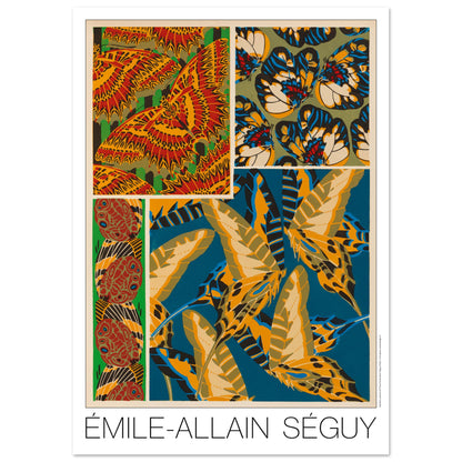 Composition décorative N°3 : Papillons par Émile-Allain Séguy (42x59,4 cm (A2)). Affiche d'Émile-Allain Séguy présentant des motifs de papillons et des ornements, dans des tons vifs de rouge, jaune, bleu et vert.