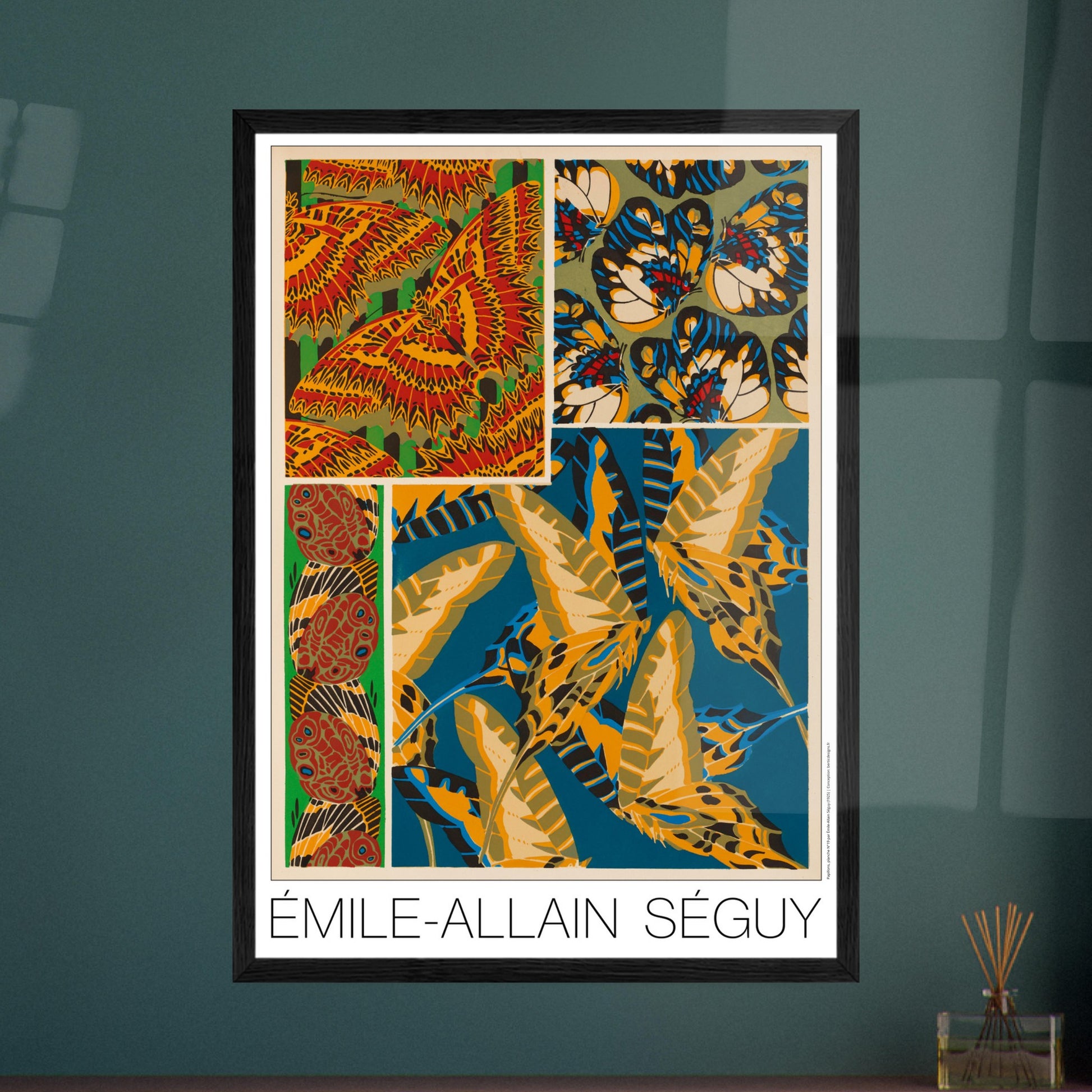 Composition décorative N°3 : Papillons par Émile-Allain Séguy. Affiche d'Émile-Allain Séguy présentant des motifs de papillons et des ornements, dans des tons vifs de rouge, jaune, bleu et vert. Image d'illustration 7