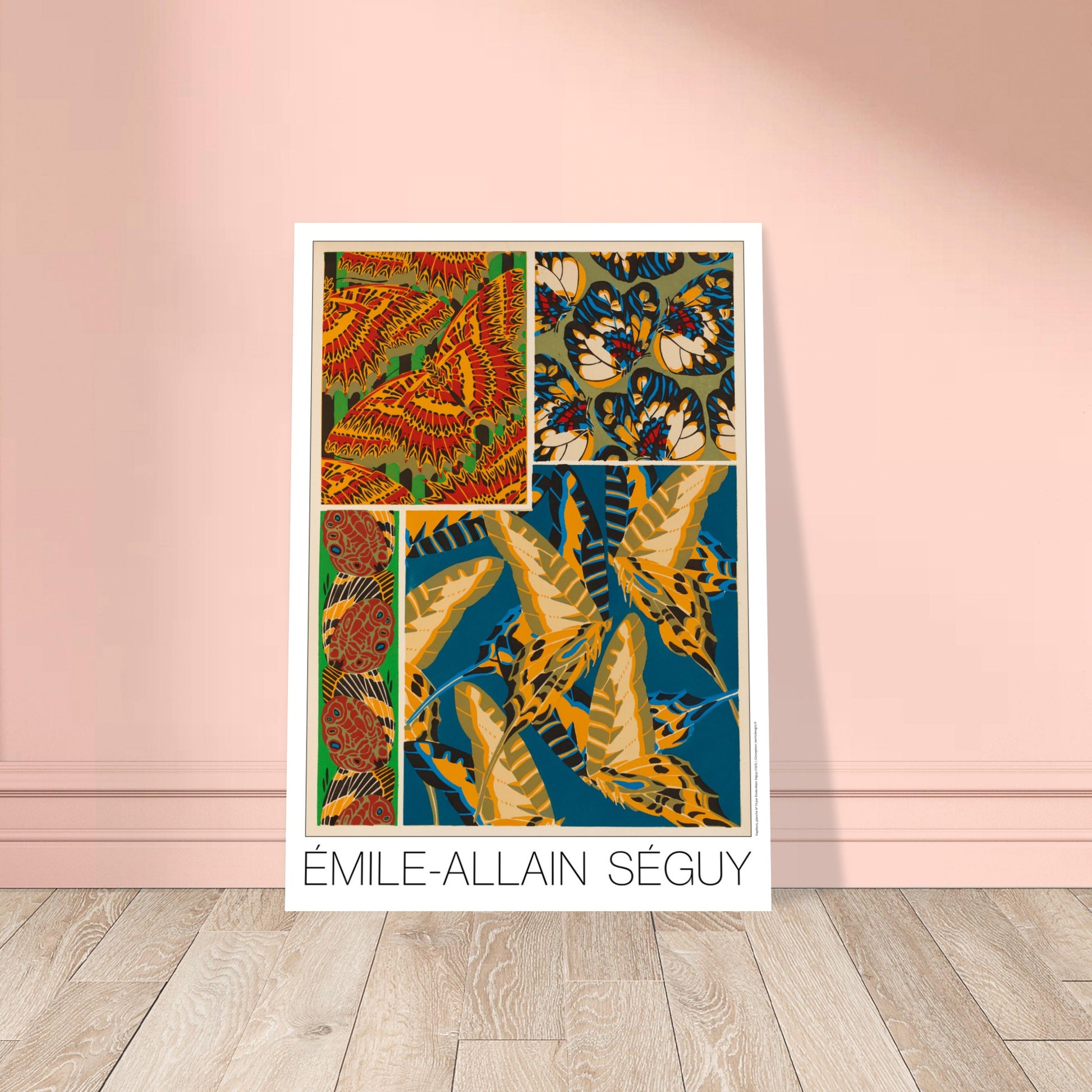 Composition décorative N°3 : Papillons par Émile-Allain Séguy. Affiche d'Émile-Allain Séguy présentant des motifs de papillons et des ornements, dans des tons vifs de rouge, jaune, bleu et vert. Image d'illustration 8