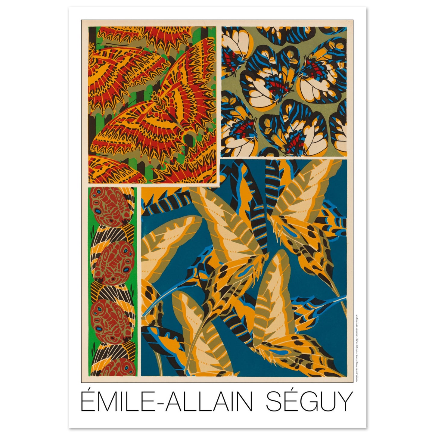 Composition décorative N°3 : Papillons par Émile-Allain Séguy (84,1x118,9 cm (A0)). Affiche d'Émile-Allain Séguy présentant des motifs de papillons et des ornements, dans des tons vifs de rouge, jaune, bleu et vert.