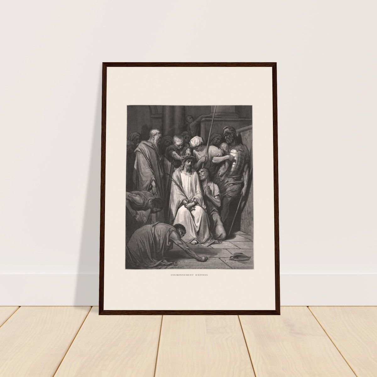 Antiker Stich Die Dornenkrönung von Gustave Doré. Stich von Gustave Dore zur Heiligen Bibel, der die Szene der „Dornenkrönung“ illustriert.