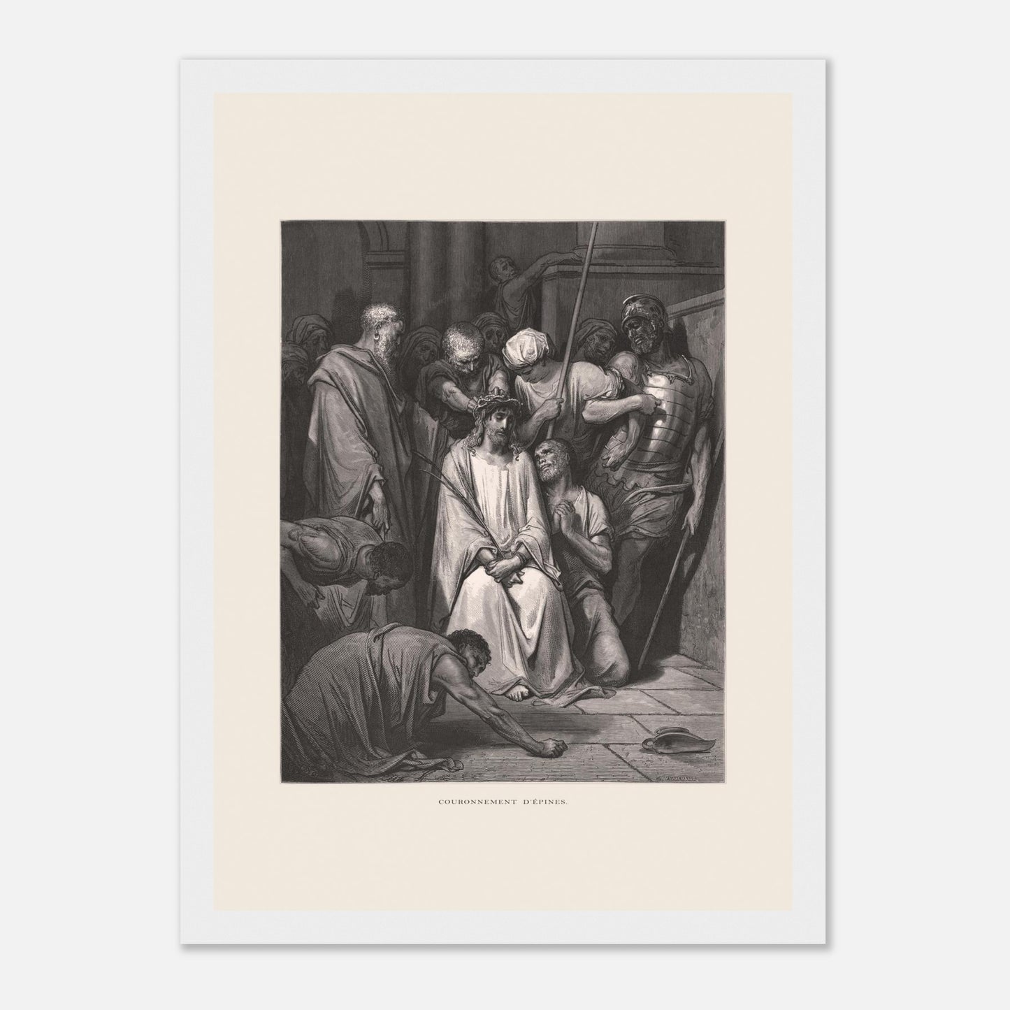 Gravure ancienne Le Couronnement d'épines par Gustave Doré (21x29,7 cm (A4) / Cadre blanc). Gravure de Gustave Doré pour la Sainte Bible, illustrant la scène du "Couronnement d'épines".