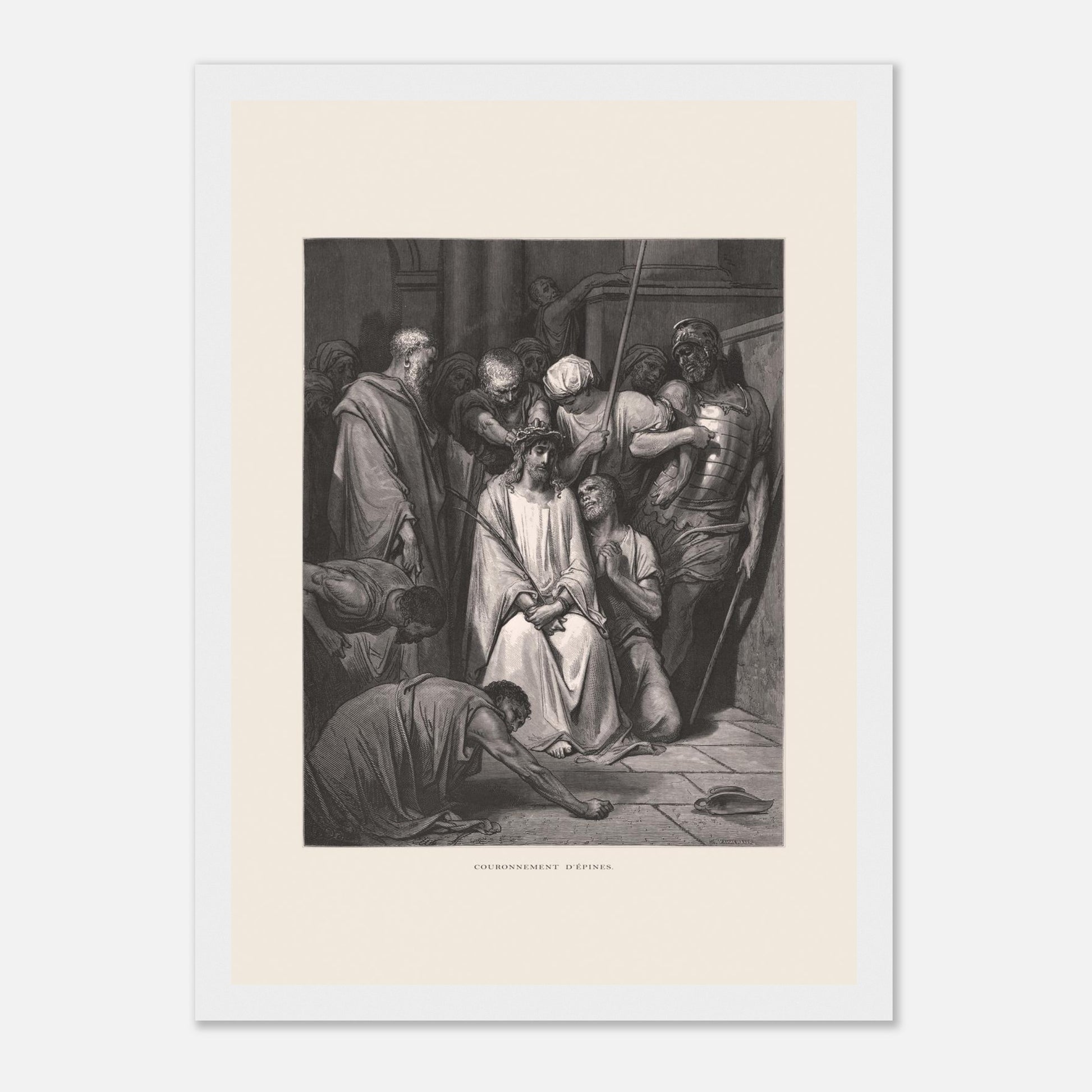 Gravure ancienne Le Couronnement d'épines par Gustave Doré (21x29,7 cm (A4) / Cadre blanc). Gravure de Gustave Doré pour la Sainte Bible, illustrant la scène du "Couronnement d'épines".