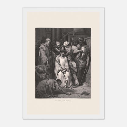 Gravure ancienne Le Couronnement d'épines par Gustave Doré (21x29,7 cm (A4) / Cadre blanc). Gravure de Gustave Doré pour la Sainte Bible, illustrant la scène du "Couronnement d'épines".