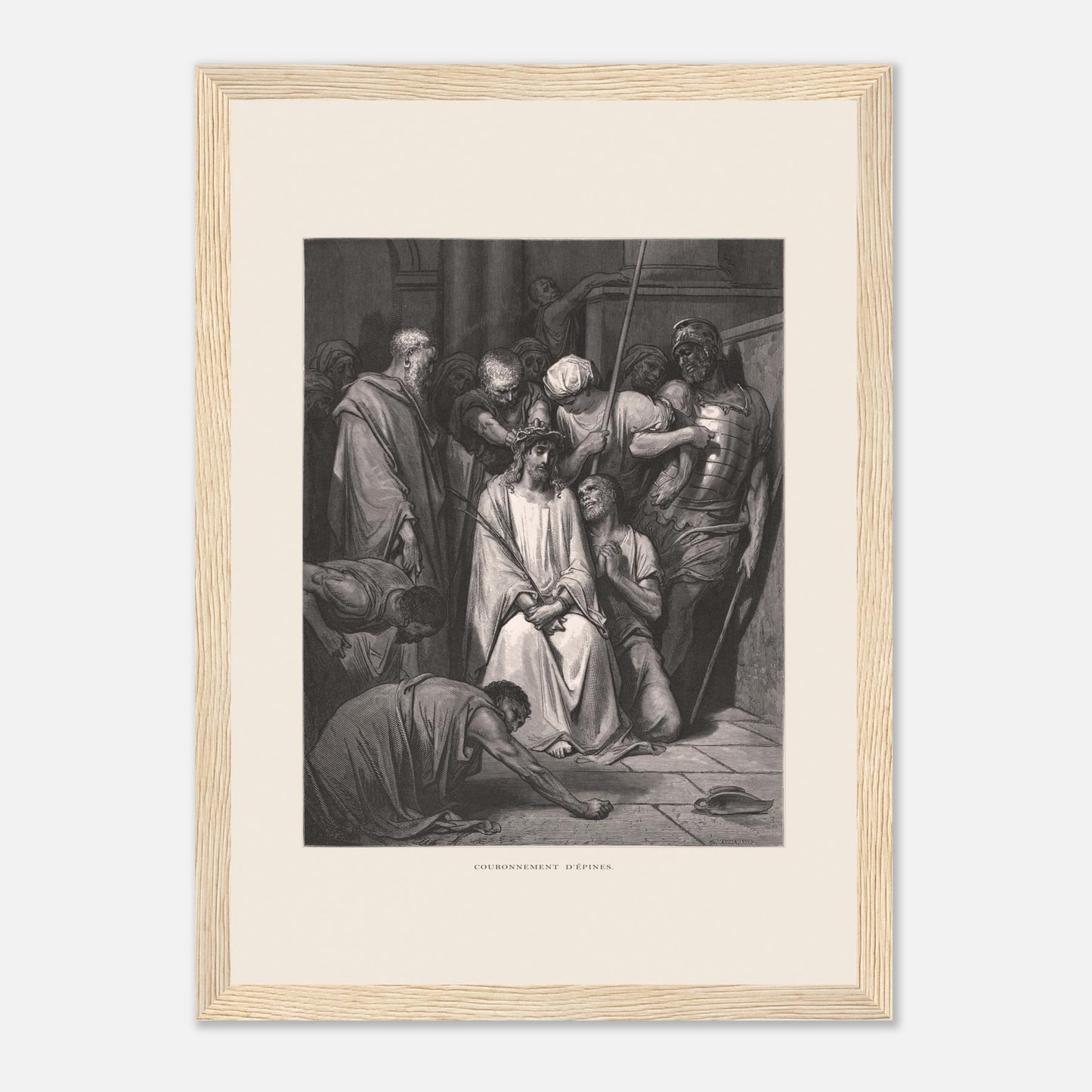 Gravure ancienne Le Couronnement d'épines par Gustave Doré (21x29,7 cm (A4) / Cadre bois clair). Gravure de Gustave Doré pour la Sainte Bible, illustrant la scène du "Couronnement d'épines".