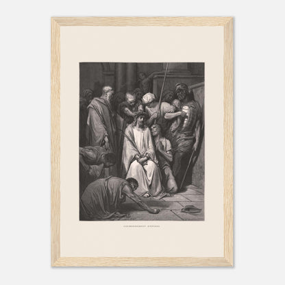 Gravure ancienne Le Couronnement d'épines par Gustave Doré (21x29,7 cm (A4) / Cadre bois clair). Gravure de Gustave Doré pour la Sainte Bible, illustrant la scène du "Couronnement d'épines".