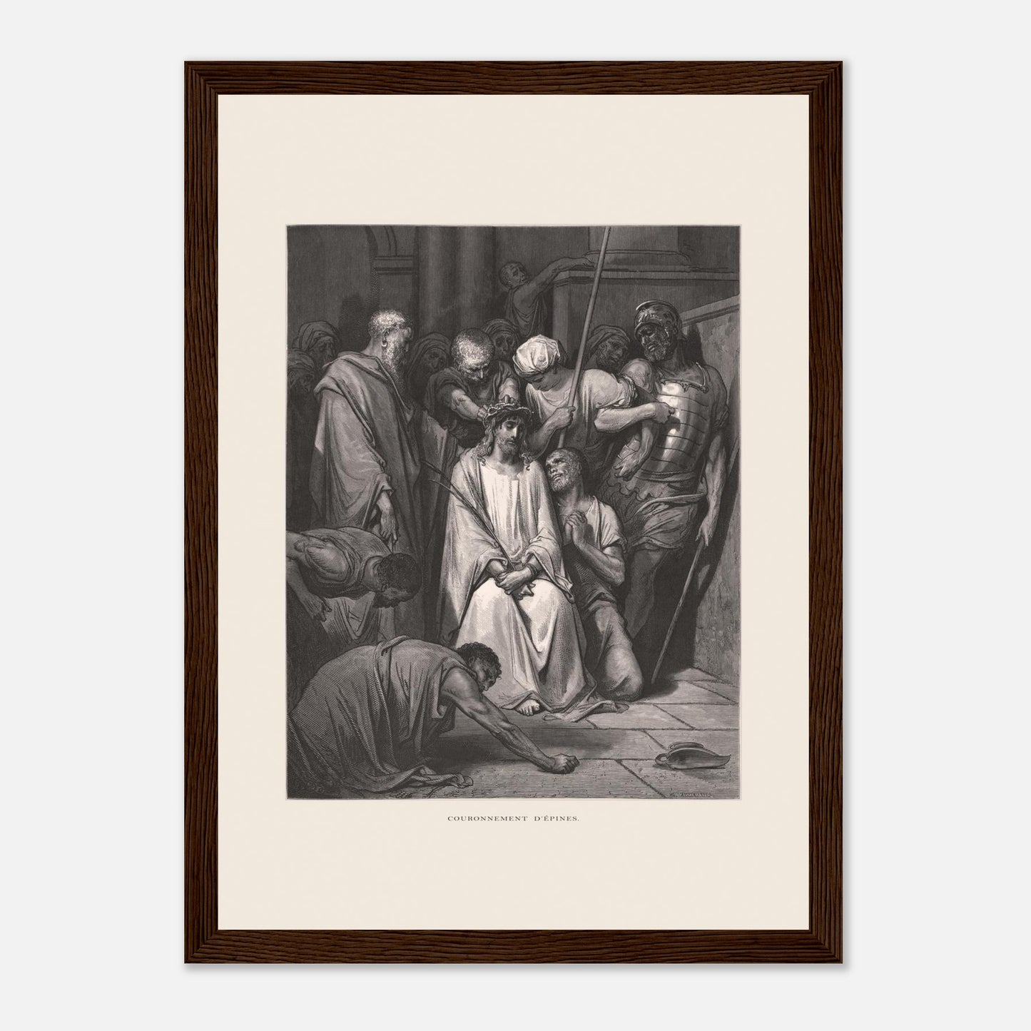 Gravure ancienne Le Couronnement d'épines par Gustave Doré (21x29,7 cm (A4) / Cadre bois foncé). Gravure de Gustave Doré pour la Sainte Bible, illustrant la scène du "Couronnement d'épines".