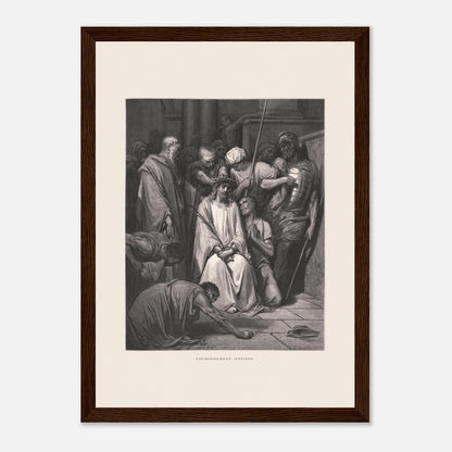 Gravure ancienne Le Couronnement d'épines par Gustave Doré (21x29,7 cm (A4) / Cadre bois foncé). Gravure de Gustave Doré pour la Sainte Bible, illustrant la scène du "Couronnement d'épines".