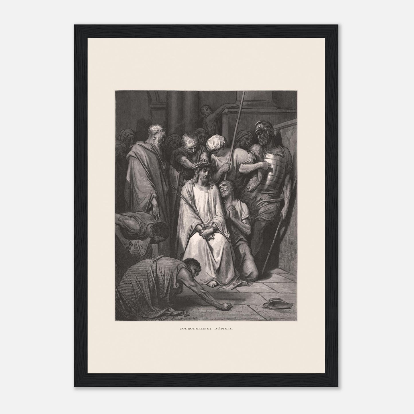 Gravure ancienne Le Couronnement d'épines par Gustave Doré (21x29,7 cm (A4) / Cadre noir). Gravure de Gustave Doré pour la Sainte Bible, illustrant la scène du "Couronnement d'épines".