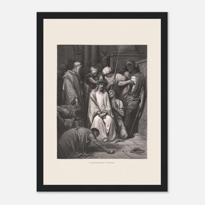 Gravure ancienne Le Couronnement d'épines par Gustave Doré (21x29,7 cm (A4) / Cadre noir). Gravure de Gustave Doré pour la Sainte Bible, illustrant la scène du "Couronnement d'épines".