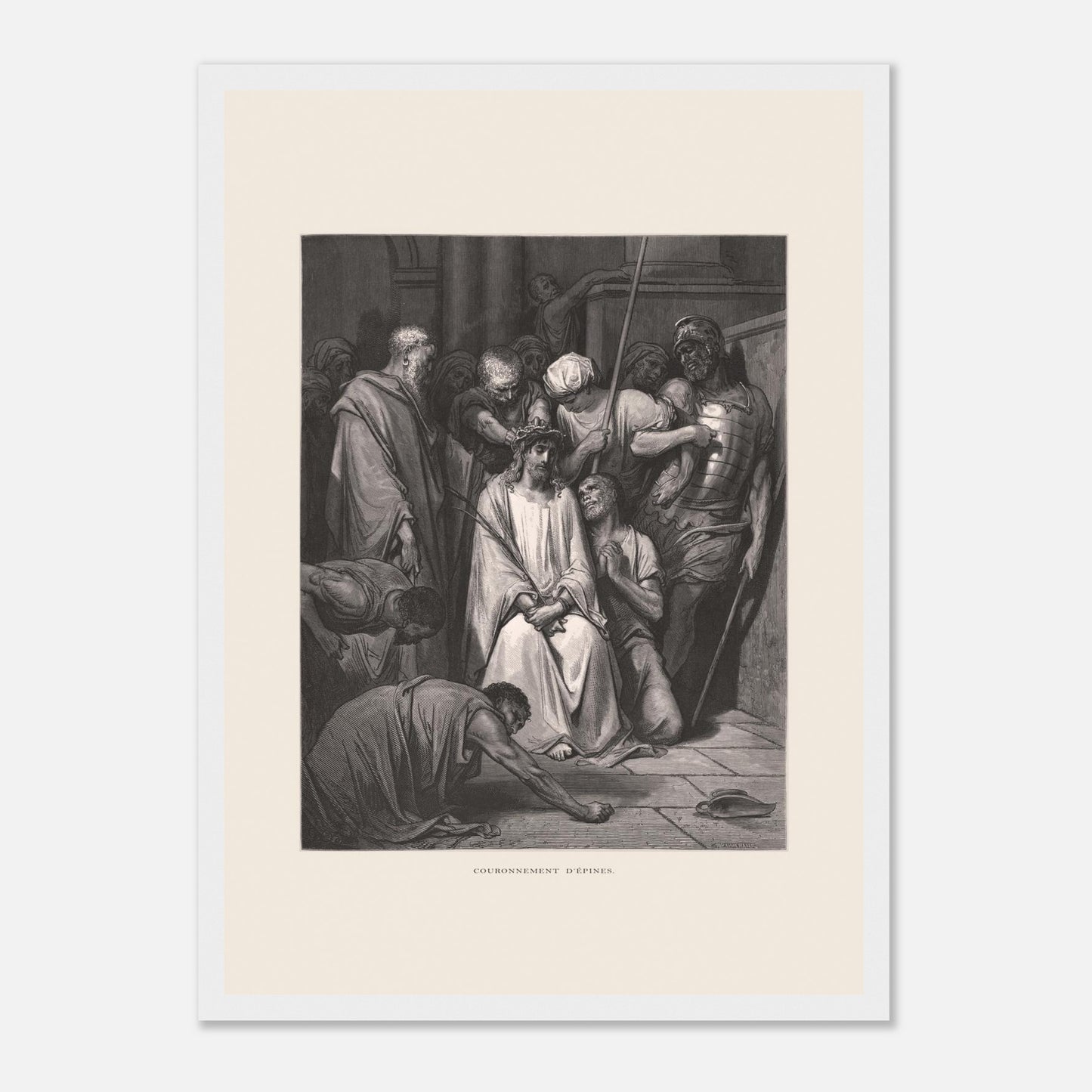 Gravure ancienne Le Couronnement d'épines par Gustave Doré (29,7x42 cm (A3) / Cadre blanc). Gravure de Gustave Doré pour la Sainte Bible, illustrant la scène du "Couronnement d'épines".