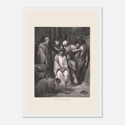Gravure ancienne Le Couronnement d'épines par Gustave Doré (29,7x42 cm (A3) / Cadre blanc). Gravure de Gustave Doré pour la Sainte Bible, illustrant la scène du "Couronnement d'épines".