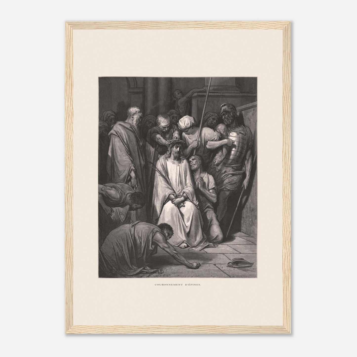 Gravure ancienne Le Couronnement d'épines par Gustave Doré (29,7x42 cm (A3) / Cadre bois clair). Gravure de Gustave Doré pour la Sainte Bible, illustrant la scène du "Couronnement d'épines".