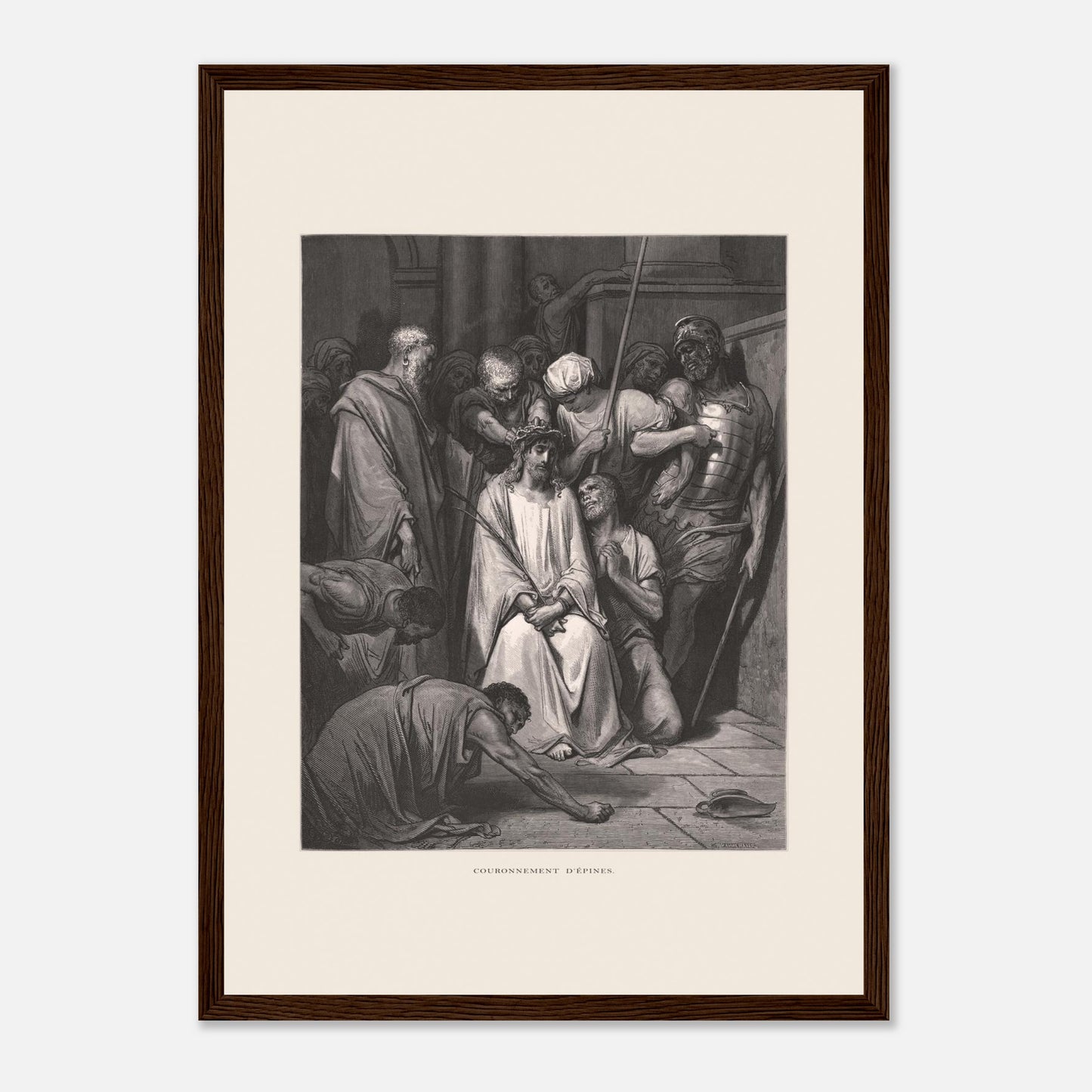Gravure ancienne Le Couronnement d'épines par Gustave Doré (29,7x42 cm (A3) / Cadre bois foncé). Gravure de Gustave Doré pour la Sainte Bible, illustrant la scène du "Couronnement d'épines".