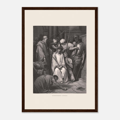 Gravure ancienne Le Couronnement d'épines par Gustave Doré (29,7x42 cm (A3) / Cadre bois foncé). Gravure de Gustave Doré pour la Sainte Bible, illustrant la scène du "Couronnement d'épines".