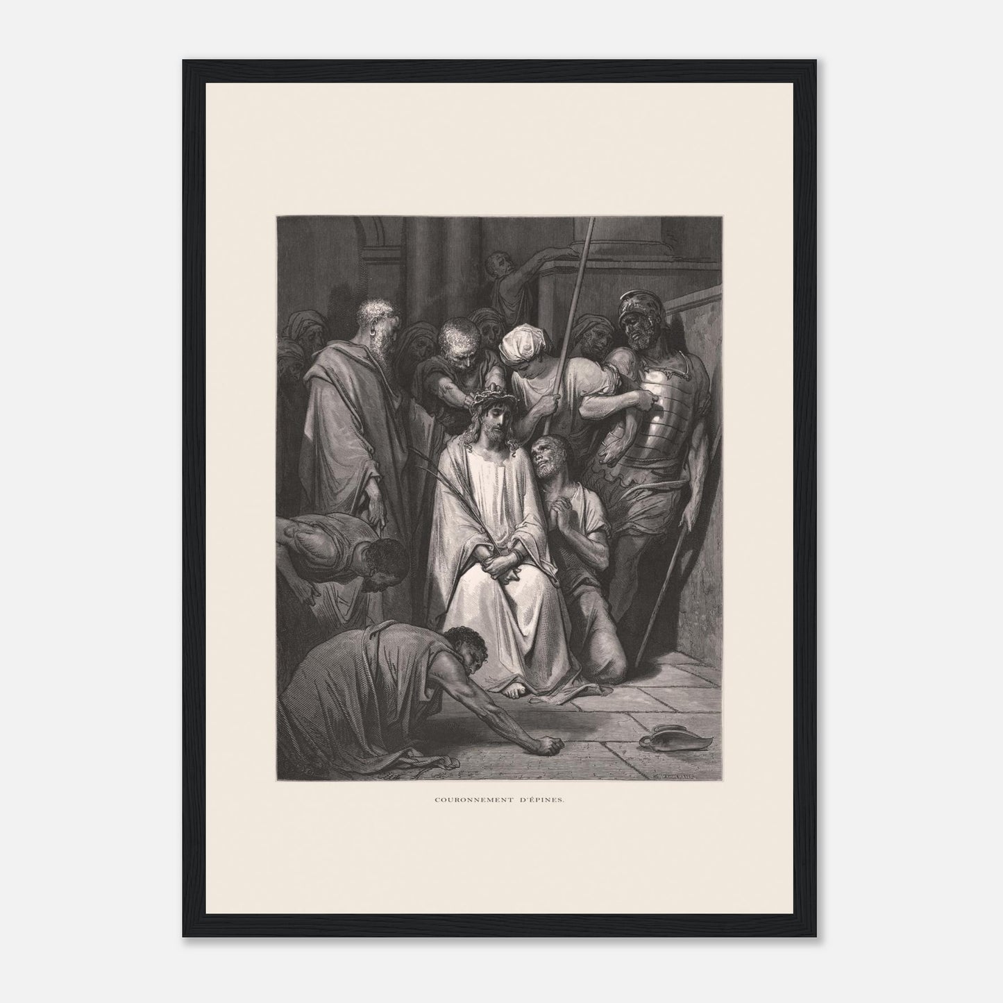 Gravure ancienne Le Couronnement d'épines par Gustave Doré (29,7x42 cm (A3) / Cadre noir). Gravure de Gustave Doré pour la Sainte Bible, illustrant la scène du "Couronnement d'épines".