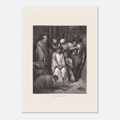 Gravure ancienne Le Couronnement d'épines par Gustave Doré (42x59,4 cm (A2) / Cadre blanc). Gravure de Gustave Doré pour la Sainte Bible, illustrant la scène du "Couronnement d'épines".