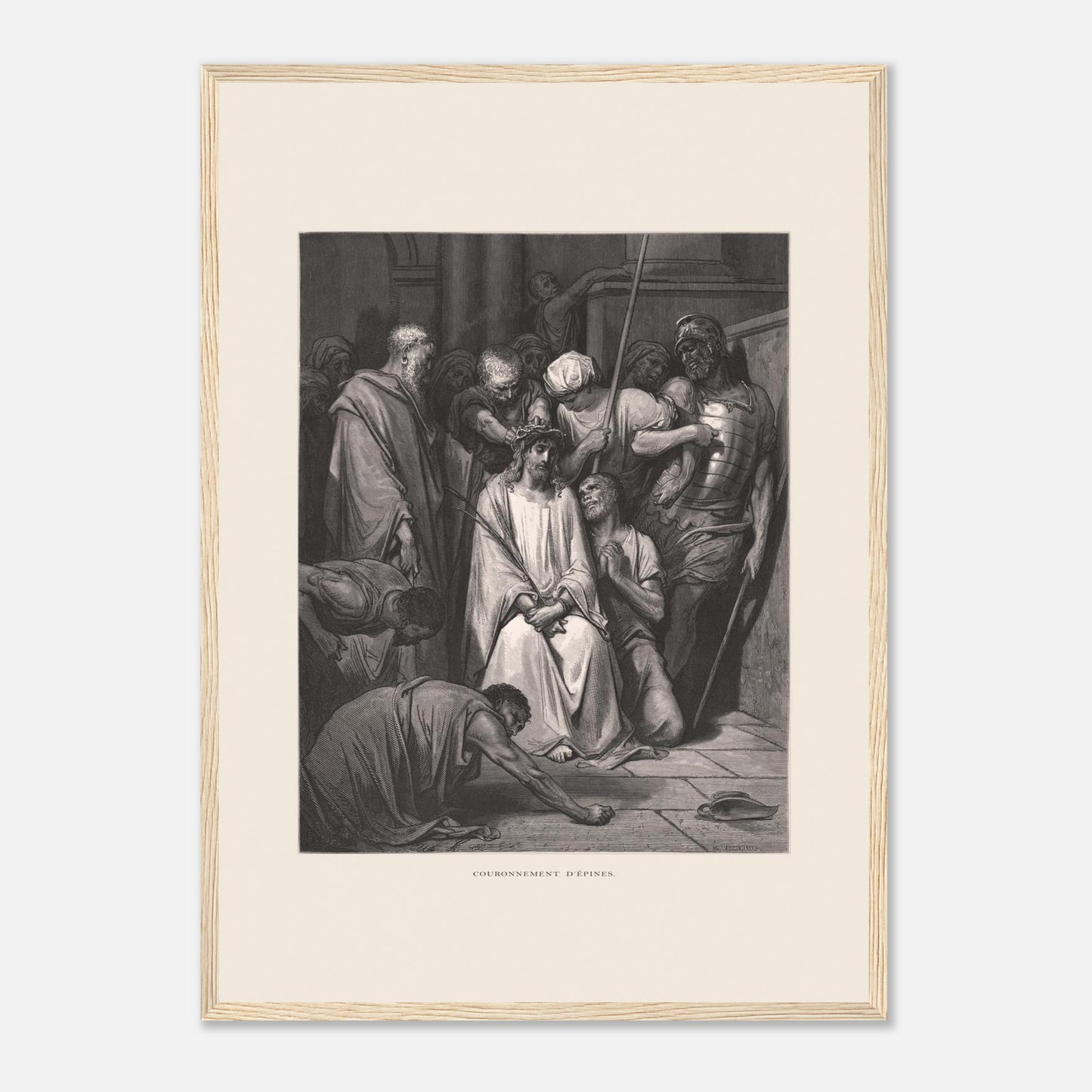 Gravure ancienne Le Couronnement d'épines par Gustave Doré (42x59,4 cm (A2) / Cadre bois clair). Gravure de Gustave Doré pour la Sainte Bible, illustrant la scène du "Couronnement d'épines".
