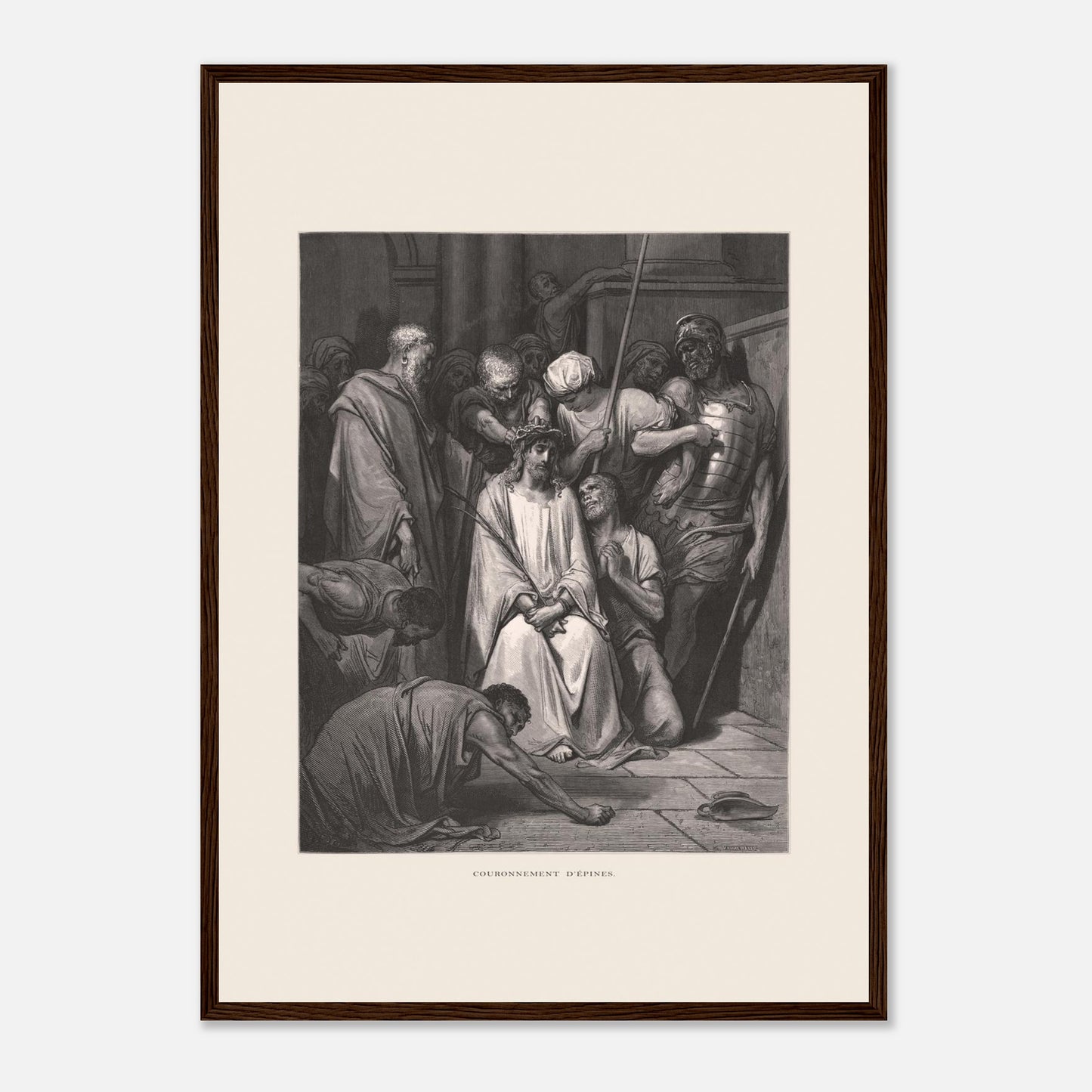 Gravure ancienne Le Couronnement d'épines par Gustave Doré (42x59,4 cm (A2) / Cadre bois foncé). Gravure de Gustave Doré pour la Sainte Bible, illustrant la scène du "Couronnement d'épines".