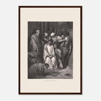 Gravure ancienne Le Couronnement d'épines par Gustave Doré (42x59,4 cm (A2) / Cadre bois foncé). Gravure de Gustave Doré pour la Sainte Bible, illustrant la scène du "Couronnement d'épines".