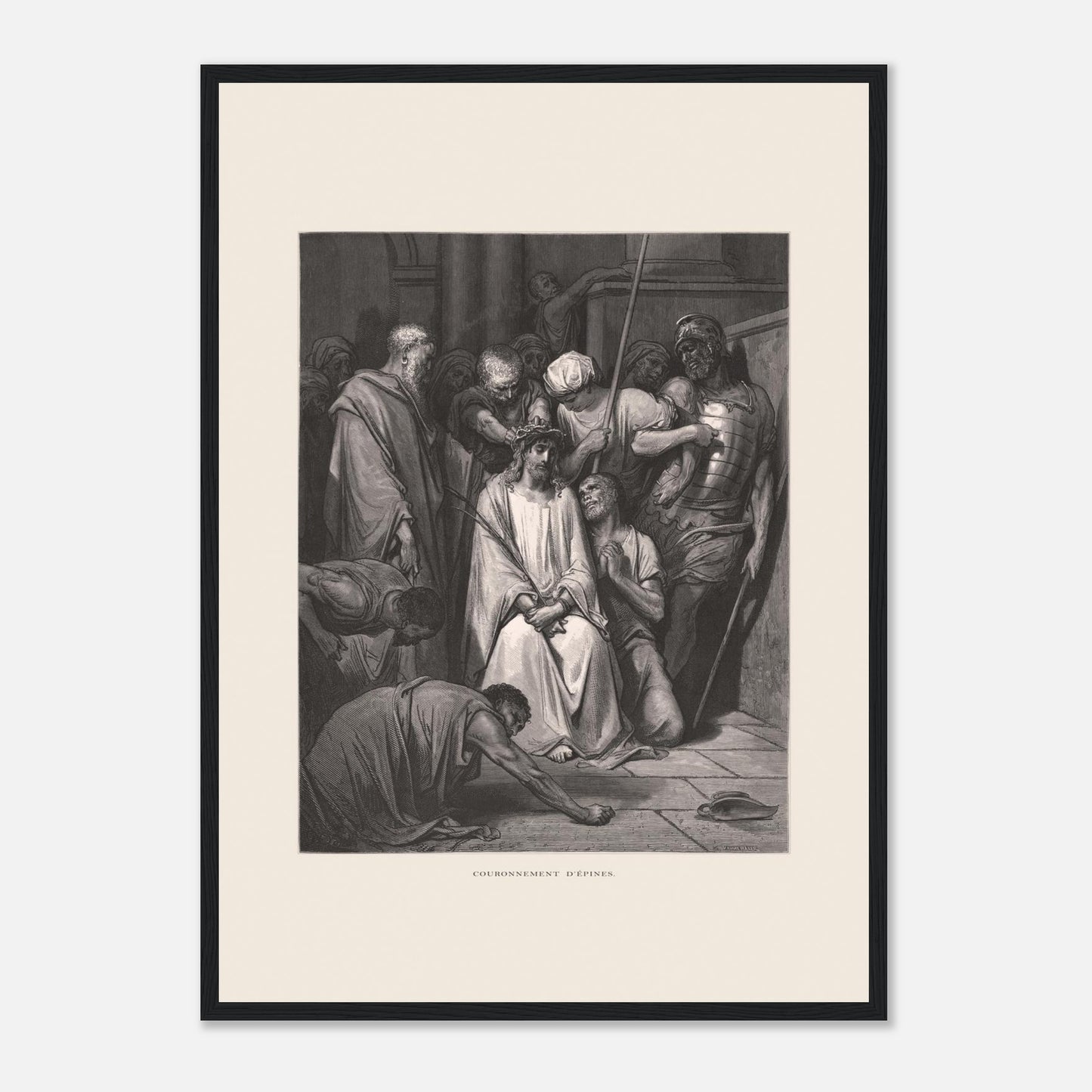Gravure ancienne Le Couronnement d'épines par Gustave Doré (42x59,4 cm (A2) / Cadre noir). Gravure de Gustave Doré pour la Sainte Bible, illustrant la scène du "Couronnement d'épines".