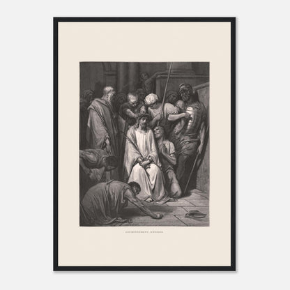 Gravure ancienne Le Couronnement d'épines par Gustave Doré (42x59,4 cm (A2) / Cadre noir). Gravure de Gustave Doré pour la Sainte Bible, illustrant la scène du "Couronnement d'épines".