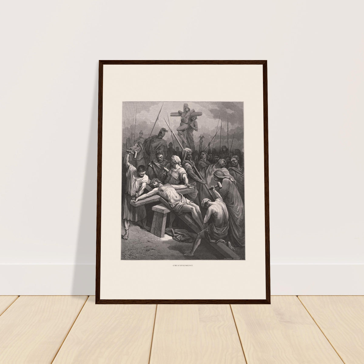 Die Kreuzigung Jesu, Tafel von Gustave Doré. Druck von Gustave Doré, der die Kreuzigung zeigt, mit dem an das Kreuz genagelten Jesus, umgeben von Soldaten und Schaulustigen in einer dramatischen Szene.