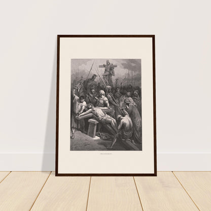 Die Kreuzigung Jesu, Tafel von Gustave Doré. Druck von Gustave Doré, der die Kreuzigung zeigt, mit dem an das Kreuz genagelten Jesus, umgeben von Soldaten und Schaulustigen in einer dramatischen Szene.