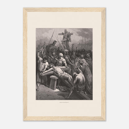 Le Crucifiement de Jésus, planche de Gustave Doré (21x29,7 cm (A4) / Cadre bois clair). Estampe de Gustave Doré montrant le Crucifiement, avec Jésus cloué sur la croix, entouré de soldats et de spectateurs dans une scène dramatique.