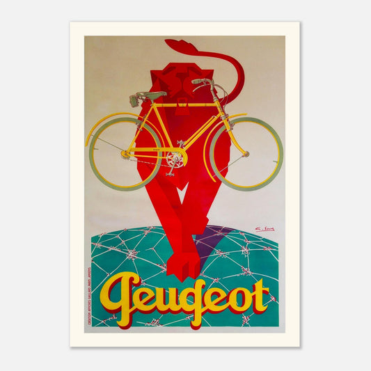 Planche publicitaire Cycles Peugeot par Georges Favre (42x59,4 cm (A2)). Affiche vintage pour les cycles Peugeot par Georges Favre, représentant un vélo jaune devant un lion rouge stylisé, sur un fond de réseau géométrique.