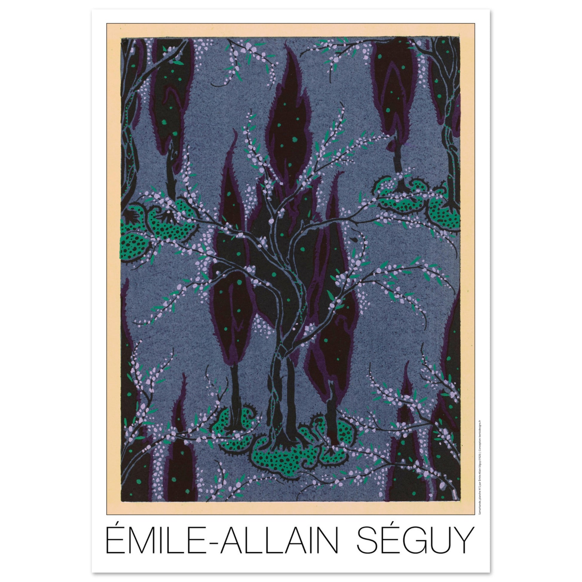 Cyprès nocturnes sur fond bleu - Samarkande, motifs orientaux par Émile-Allain Séguy (29,7x42 cm (A3)). Motifs de Samarkande par Émile-Allain Séguy : des cyprès sombres et des branches fleuries sur un fond bleu grisé.