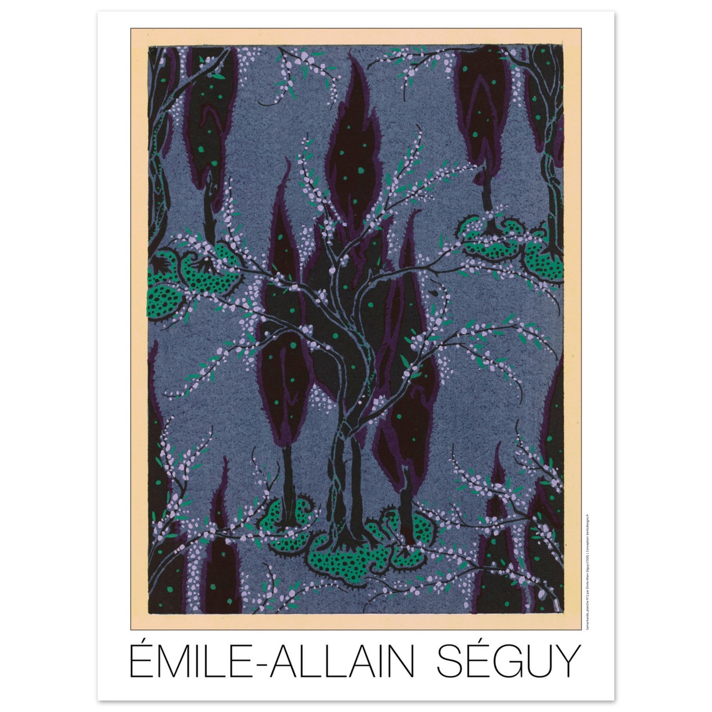Cyprès nocturnes sur fond bleu - Samarkande, motifs orientaux par Émile-Allain Séguy (30x40 cm). Motifs de Samarkande par Émile-Allain Séguy : des cyprès sombres et des branches fleuries sur un fond bleu grisé.
