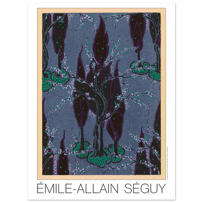 Cyprès nocturnes sur fond bleu - Samarkande, motifs orientaux par Émile-Allain Séguy (30x40 cm). Motifs de Samarkande par Émile-Allain Séguy : des cyprès sombres et des branches fleuries sur un fond bleu grisé.