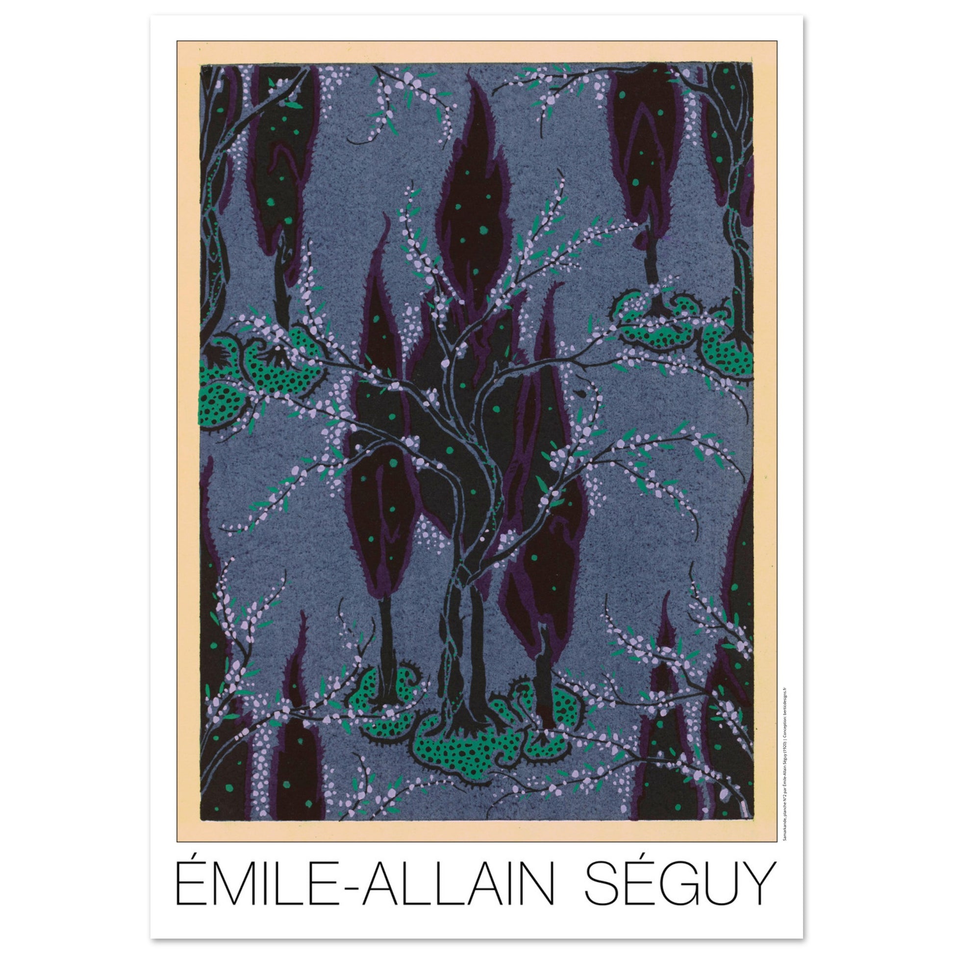 Cyprès nocturnes sur fond bleu - Samarkande, motifs orientaux par Émile-Allain Séguy (42x59,4 cm (A2)). Motifs de Samarkande par Émile-Allain Séguy : des cyprès sombres et des branches fleuries sur un fond bleu grisé.